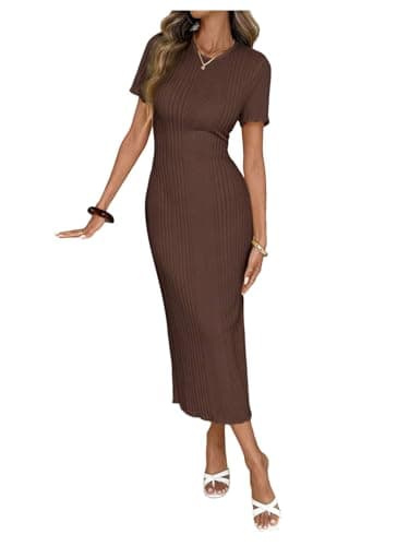 Image of GORGLITTER Women's Elegant Rib Knit Slimming Pencil Dresses Crewneck Short Sleeve Slit Summer Bodycon Midi Dress Coffee Brown Small
