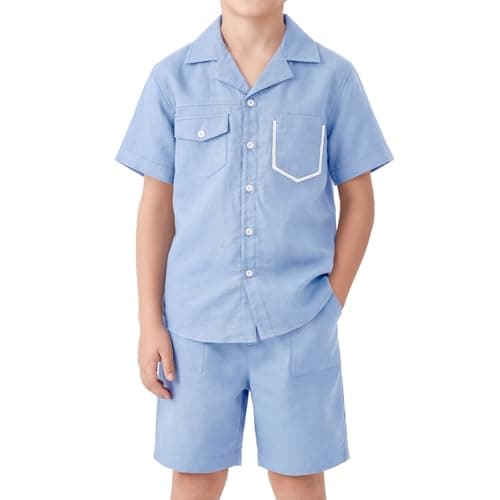 Image of LOLANTA Boys Cotton Linen Shorts Set, Kids Summer Outfit Short Sleeve Button Down Shirt and Shorts, Breathable Casual 2-Piece Clothing Set for Boys(Blue, 9-10 Years, 140)