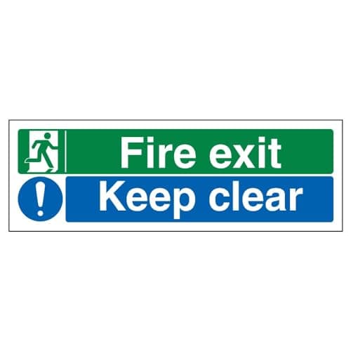 Image of V Safety 14012BJ-S Fire Exit/Keep Clear Sign - Landscape - 450mm x 150mm - Self Adhesive Vinyl, Blue, Green