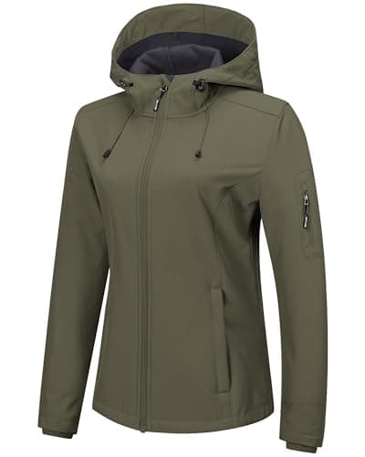 Image of Outdoor Ventures Softshell Jacket Womens Rain Jacket Lightweight Raincoats Windbreaker Waterproof Hiking Jacket Breathable Outdoor Jacket with Hood Olive-green L