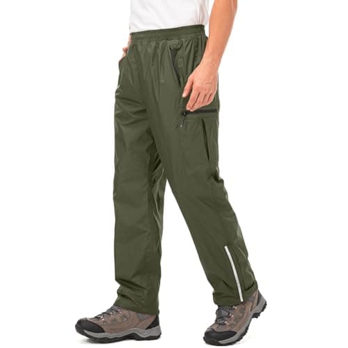 Image of Mens Waterproof Trousers Lightweight Breathable Rain Overtrousers Mesh Lining Bottoms Outdoor Windproof Over Rain Pants for Walking Cycling Hiking Fishing Army Green