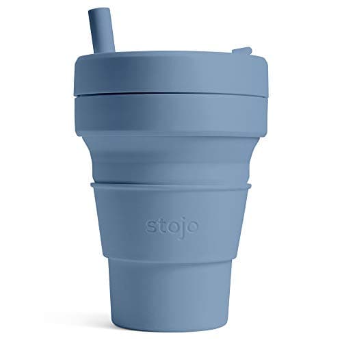 Image of STOJO On-The-Go Biggie Collapsible Coffee Cup with Lid - 16oz / 473ml - Reusable & Foldable Silicone Travel Mug - Portable, Pocket Size - Dishwasher Safe - Steel Blue
