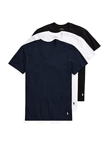 Image of POLO RALPH LAUREN Men's Slim Fit Cotton V-Neck Tee Undershirt, Cruise Navy/White, White/Cruise Navy, Polo Black/White, XL (Pack of 3)