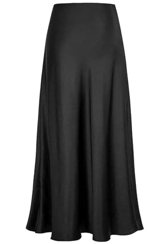 Image of Genfien Women's Skirts High Waist Hidden Elasticized Waistband Midi Skirts Midi Long Length Silk Satin Lightweight Unlined Black