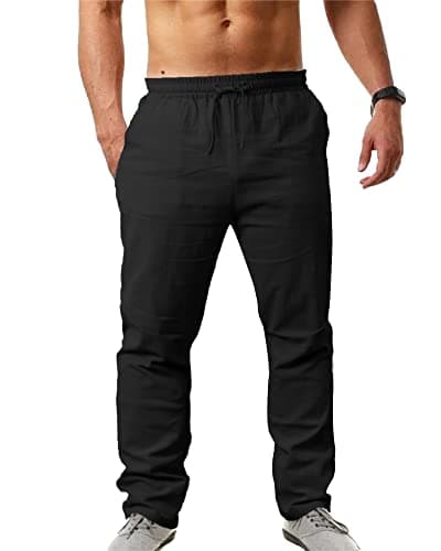 Image of NANAMEEI Mens Linen Trousers Mens Elastic Waist Pants with Pocket Men Beach Trousers Black M