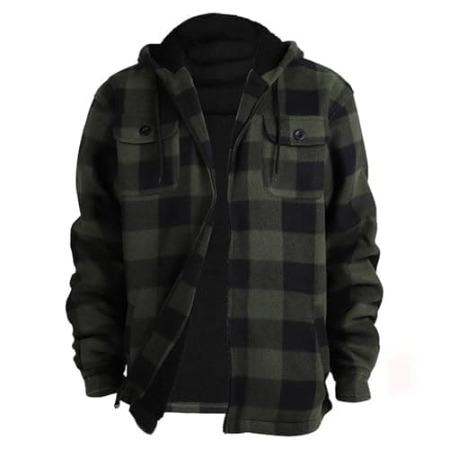 Image of Generic Checked Lumberjack Jacket Men's Fleece Jacket Warm Hooded Jacket with Hood Flannel Jacket Lined Shirt Jacket Plush Lining Sweat Jacket Winter Jacket Zipper Hoodie Lumberjack Shirt, Green, XL