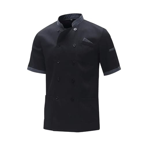 Image of MeiLayM Unisex Chef Coat Short Sleeve Chef Jacket Men Professional Chef Restaurant Work Uniform Shirt Solid Chef Jacket Double Breasted Chef Workwear Black,XS