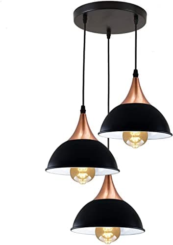 Image of LEDSone 3 Way Pendant Ceiling Light Cluster Black Dome Lampshade Modern Retro E27 Lighting Kit for Living Room, Kitchen Island & Dining Room UK
