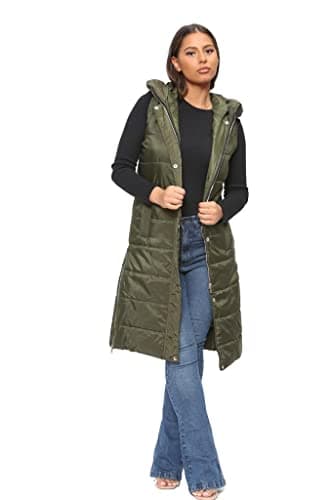Image of Parsa Fashions WOMENS LADIES LONG LINE HOODED PUFFER GILET JACKET COAT PADDED VEST TOP BODY WARMER Sizes Small to 3XL (as8, alpha, one_size, regular, regular, Khaki, 2XL)
