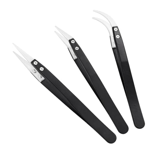 Image of MMOBIEL Set of 3 Ceramic Tips Soldering Tweezers Straight Curved Heat Resistant 1600 C / 3000 F for Electronic Repairs, Jewellery, Computers, Laboratory Soldering etc.