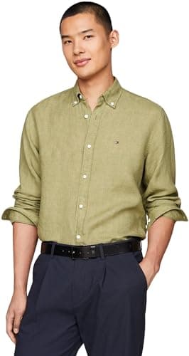 Image of Tommy Hilfiger Men's Pigment Dyed Li Solid Rf Shirt Mw0mw34602 Casual Shirts, Green (Faded Olive), XS