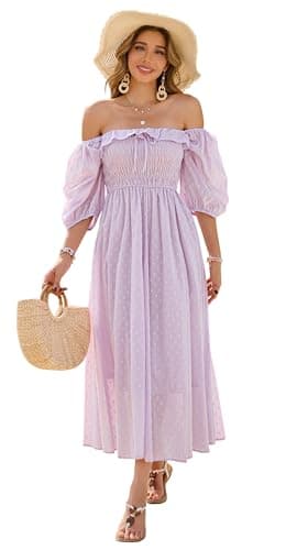 Image of R.Vivimos Women's Polka Dot Slim Fit Half Puff Sleeve Dress Square Neck Cottagecore Long Midi Dress(Large,Purple)