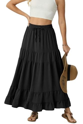 Image of IWOLLENCE Black Maxi Skirts for Women UK Long Ladies Elasticated Waist A Line Flowy Two Side Pockets with Drawstring Lightweight and Breathable(Black, L)