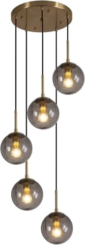 Image of KCO Lighting 5 Light Cluster Pendant Lighting Smoke Glass Globe Chandelier Multi Pendant Light Fixture Gold Cluster Pendant Light Modern Staircase Chandelier