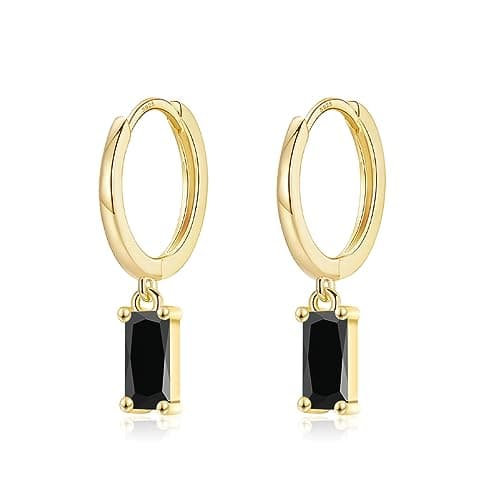 Image of CERSLIMO Gold Drop Earrings for Women - Sterling Silver Earrings 14K Gold Hoop Earrings, Rectangle Cubic Zirconia Dangle Earrings | Cool Black Faux Diamond Dangly Huggie Hoop Earrings Jewellery