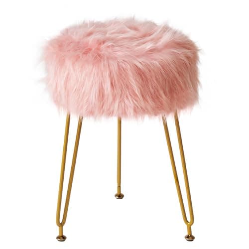 Image of IBUYKE Faux Fur Vanity Stool Chair, Furry Makeup Stool Ottoman, Soft Padded Seat, Round Footrest Footstools with 4 Metal Legs, for Living Room Bedroom Entryway, Pink LG-32P