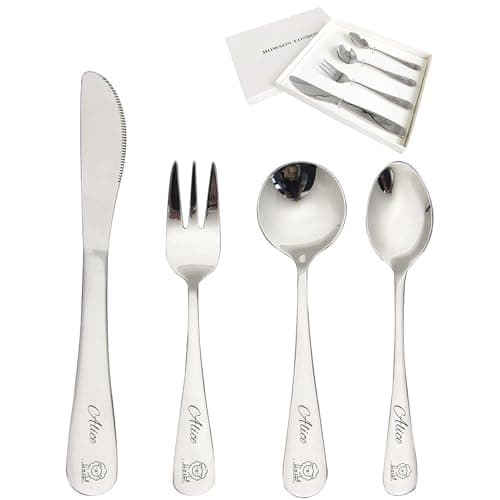 Image of Personalized Cutlery Set for Kids Children Toddler Cutlery 4pcs Engraved Knife Fork Spoon Stainless Steel Cutlery Set Christening Christmas Gifts for Boy Kids Girls Cutlery Gifts (Lion)