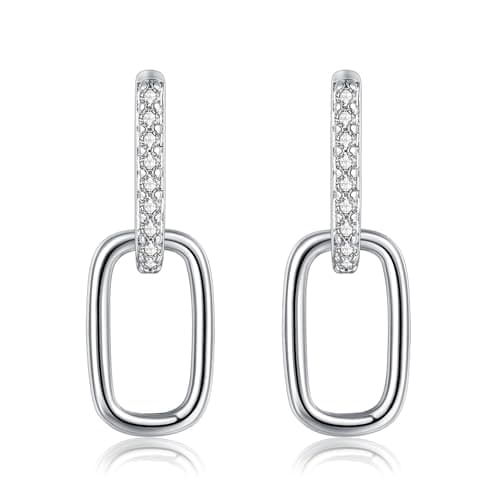 Image of Deyanse Silver Hoop Earrings for Women, 925 Sterling Silver Convertible Link Earrings for Girls, Hypoallergenic Geometric Cubic Zirconia Double Oval Hoop Earrings, Unique Huggies Dangle Drop Earrings