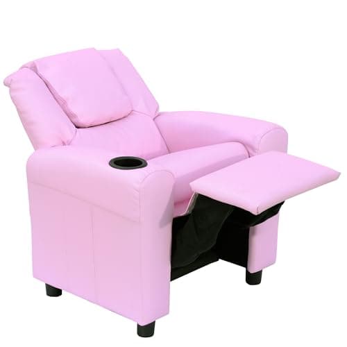 Image of HOMCOM Kids Recliner, PU Leather Kids Armchair, Child Chair, Toddler Armchair with Adjustable Backrest, Footrest, Padded Headrest, Cup Holder, Pink