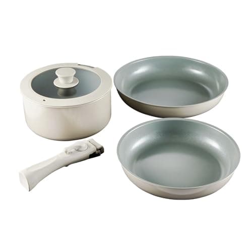 Image of Lakeland 5-Piece Easy Store Pan Set Saucepan, 2 Frying Pans, lid and Handle Oven Safe to 230°C
