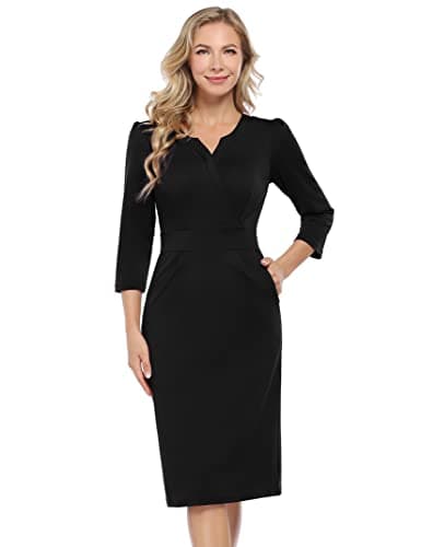 Image of KOJOOIN Women's Work Dress Vintage Bodycon V Neck Pencil Dress, Business Workwear Slim Dresses Black L