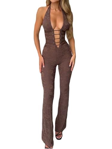 Image of Acrawnni Women Y2K Lace Jumpsuits Sexy Sleeveless See Through Mesh Hollow Out Long Pants Bodycon Playsuits Rompers Clubwear (A-Beige, S)