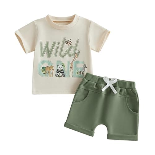 Image of Geagodelia Baby Boy 1st Birthday Outfit Wild One Short Sleeve T-Shirt and Shorts Summer Clothes Set 1 Year Old Cute 2 Piece First Birthday Cake Smash Outfits (Sage Green, 12-18 Months)
