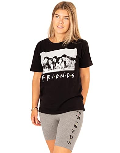 Image of FRIENDS Pyjamas For Women | Adults Portrait Black T Shirt With Charcoal Logo Cycle Shorts | TV Show Loungewear Merchandise