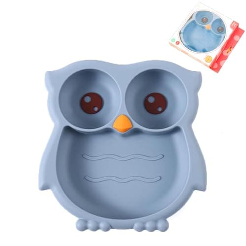 Image of PandaEar Silicone Baby Plate with Suction, Divided Weaning Plate, Unbreakable Suction Plate for Toddler Kids Childrens, Non-Slip, Non-Toxic, BPA Free, Owl (Blue)