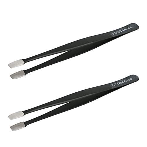 Image of Aoje-Link ESD-34a Professional Anti-Static Precision Technology Tweezers, Non-Magnetic Flat Straight, Stainless Steel Plastic Coated, Full Length 120mm, Black, 2pcs