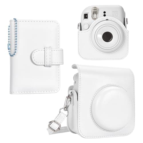 Image of HIYQIN Fuji Instax Mini 12 Case and Album, Elegant PU Leather Protective Case for Instax Mini 12 Camera, Carrying Bag with Photo Pocket, Key-Chain Photo Album and Shoulder Strap - Clay White