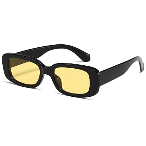 Image of kimorn Rectangle Sunglasses for Women Men Trendy Retro Fashion Glasses 90’s Vintage UV 400 Protection Square Fram K1200 (Black Frame Yellow Lens, 65)