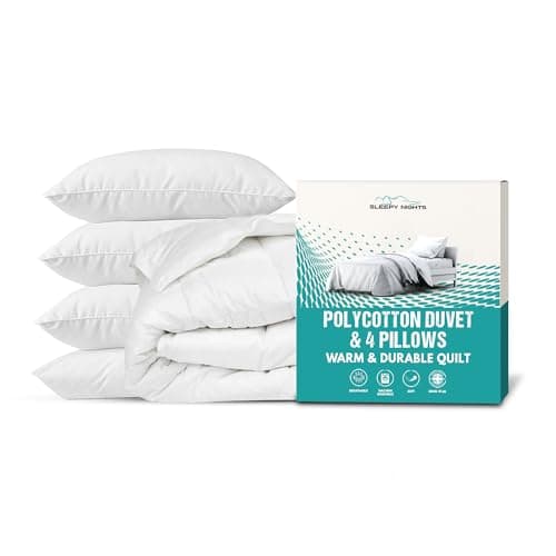Image of SleepyNights Double Duvet 13.5 Tog Poly Cotton Quilt with 4 Ultra Bounce Pillows – Luxury Anti-Allergy Bedding Set, Sustainable Hollowfibre Filling – Machine Washable, Made in the UK (200x200cm)