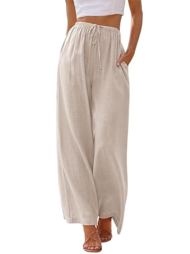 Image of LILLUSORY Linen Trousers for Women UK Wide Leg Pants with Pockets Summer Ladies Fashion Elasticated Waist Drawstring Palazzo Dressly Capsule Wardrobe Clothing Apricot M