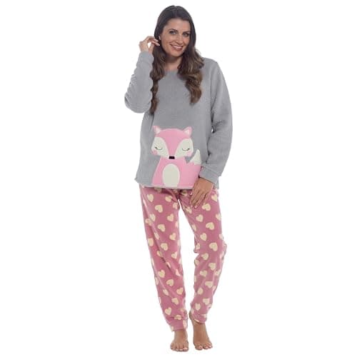 Image of Daisy Dreamer Womens Snuggle Fleece Pyjama Set Ladies Loungewear Pyjamas Warm Soft Fleece Pj Lounge Sets, FOX LARGE