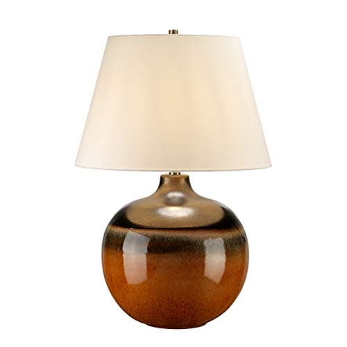 Image of Table Lamp - Orange & Brown Glaze. Cream Faux Silk Shade - Burnt Orange and Brown - LED E27 60W Bulb