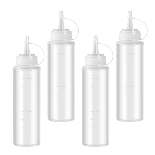 Image of ShiJiuYou Squeezes Bottles with Cap - 4 Pack 250mL Plastic Squeezy Sauce Bottles with Nozzles, Ketchup Dispensers for Sauces Mayonnaise Syrup Salad Dressing Oil
