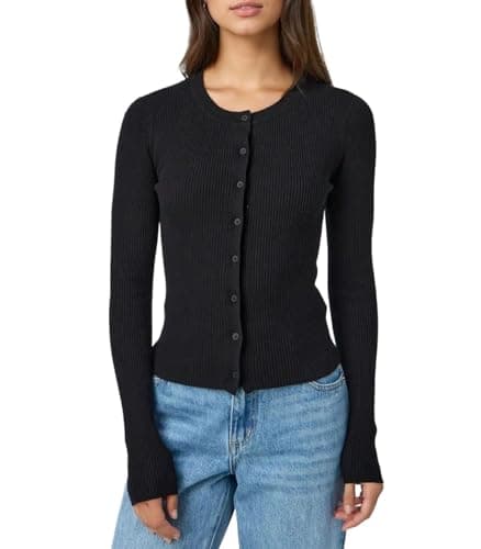 Image of Cioatin Women Long Sleeve Button Up Ribbed Knit Crop Cardigan Y2K Slim Fit Round Neck Sweater Tshirt Fall Going Out Tops, Black, L
