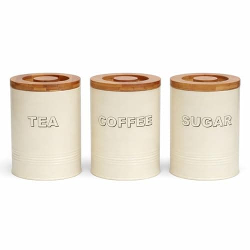 Image of simpa 3PC Tea, Sugar & Coffee Canister Set - Antique Cream Cylindrical Shaped Metal Storage Canisters Jars with Lids.