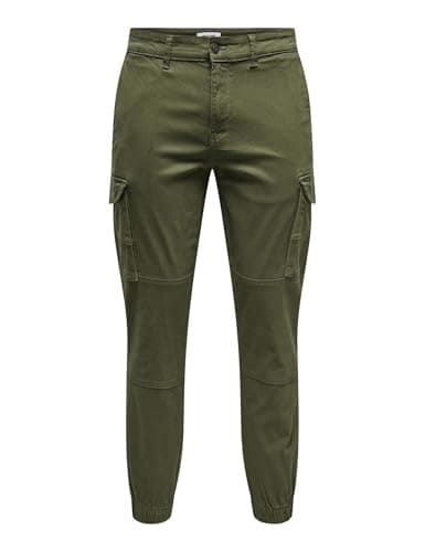 Image of ONLY & SONS Male Cargo Trousers Tapered Trousers, Olive Night, 36 W/34 L