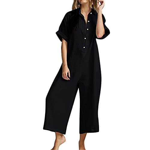 Image of Plus Size Playsuits for Women UK Women Summer Short Sleeve Button Down Pockets Jumpsuits Rompers Culotte Jumpsuit (Black, XXL)