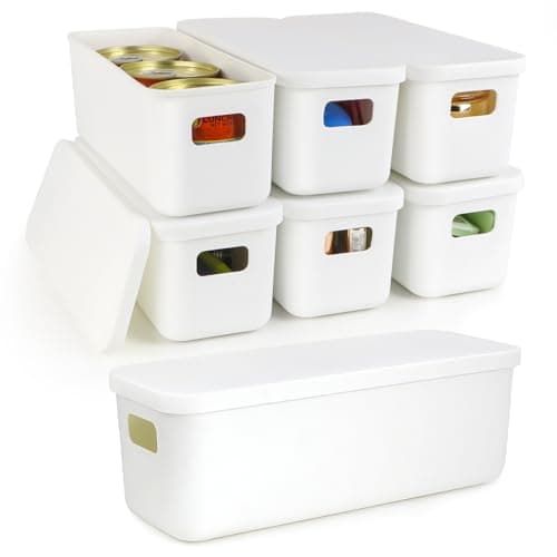 Image of 6 Pack Narrow Plastic Storage Box with Lid Stackable White Small Shelf Baskets Slim Handy Bins Tubs Kitchen Cupboard Organisers Bathroom Drawer Container Tray Store Small Items Dust-free 10cm Wide
