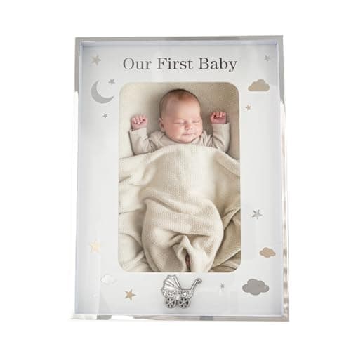 Image of Happy Homewares Our First Baby Silver Plated 4x6 Picture Frame with Gold and Silver Foil Stars and Clouds | Silver Pram with Clear Diamantes | Wall or Table