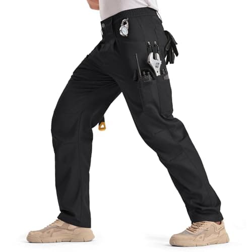 Image of IGOLUMON Mens Work Trousers Cargo Trousers Elasticated Waist Work Pants with 13 Pockets Reinforced Abrasion-Resistant Design for Outdoor Hiking Casual Walk Black