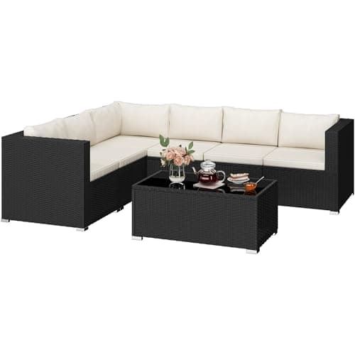 Image of Yaheetech PE Rattan Outdoor 7 Piece 6 Seater Corner Sofa Set, Garden Wicker Patio Furniture with Washable Covers, Thick Cushions, Glass Top Coffee Table for Backyard and Poolside, Black/Beige