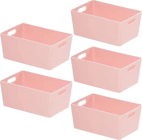 Image of Niftii Set of 5 Plastic Storage Baskets - Rectangular Containers with Handles for Kitchen and Home - Pink
