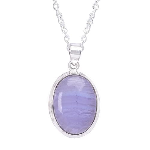 Image of Gemkora Natural Real Blue Lace Agate Crystals Bezel Oval Pendant Necklace, Polished Birthstone, Healing Cabochon Gemstone, Birthday, Christmas Day Gift Jewelry, 925 Sterling Silver Jewellery 18 inch