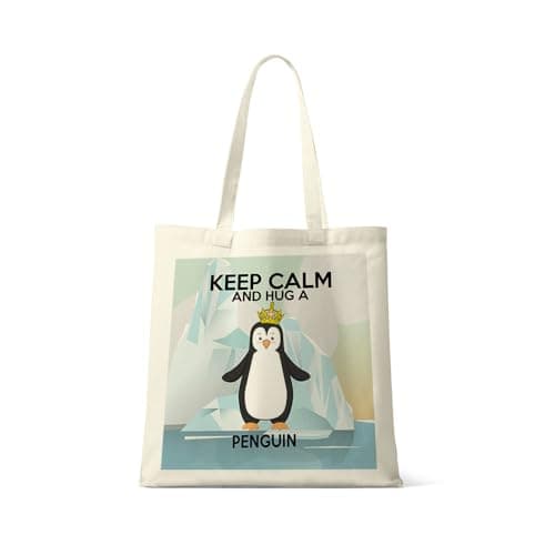 Image of Getagift Keep Calm And Hug a Penguin Themed Tote Bag-Cotton Shopping Bag. Gift For Christmas, Birthday Present, Gift Idea (Natural)