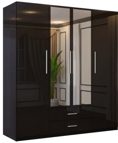 Image of SLIDING WARDROBE 4U High Gloss 4-Door Hinged Wardrobe with Mirrors, Drawers, Shelves & Hanging Rail Freestanding Bedroom Storage – White/Black/Grey (Black, 160cm)