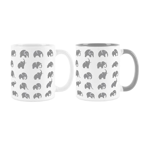 Image of Purely Home Grey Elephants Mugs Set - Cartoon Wild Safari Animals Gift Present - Tea/Coffee White Ceramic Cups Set of 2